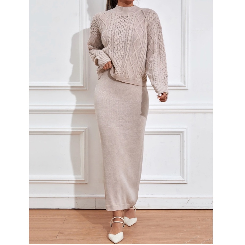 2 Piece Knit Skirt Set Blush Color Long Skirt & Cable Knit Sweater - Picture 5 of 11